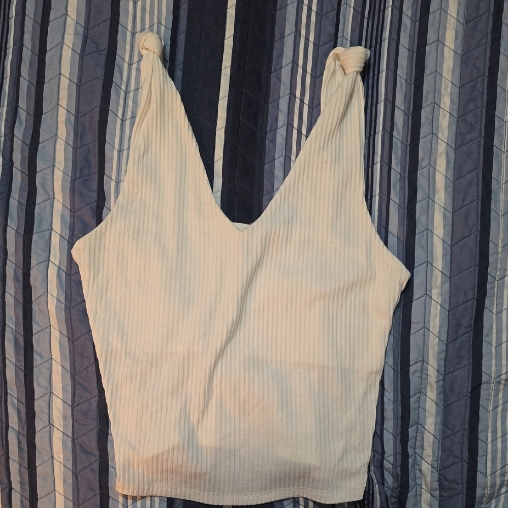 Miss Me Cream Ribbed V-Neck Tank with Knotted Straps